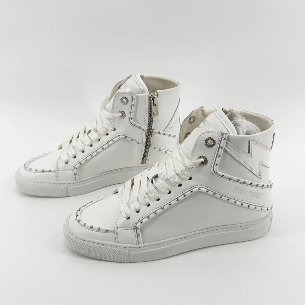 Zadig & Voltaire Womens ZV1747 Flash High Top Sneakers White Leather Studded NEW